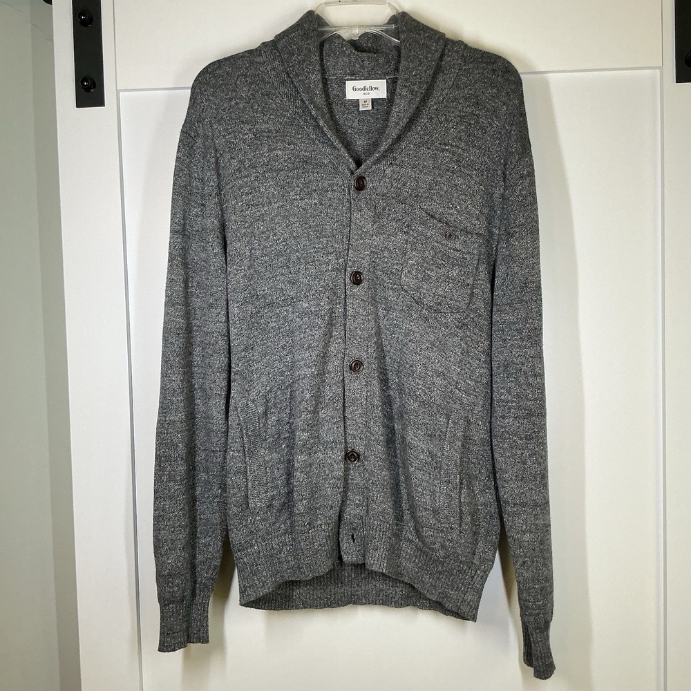 Goodfellow &‎ Co. Mens Cardigan Sweater M Gray Shawl Collar Knit Button Cotton